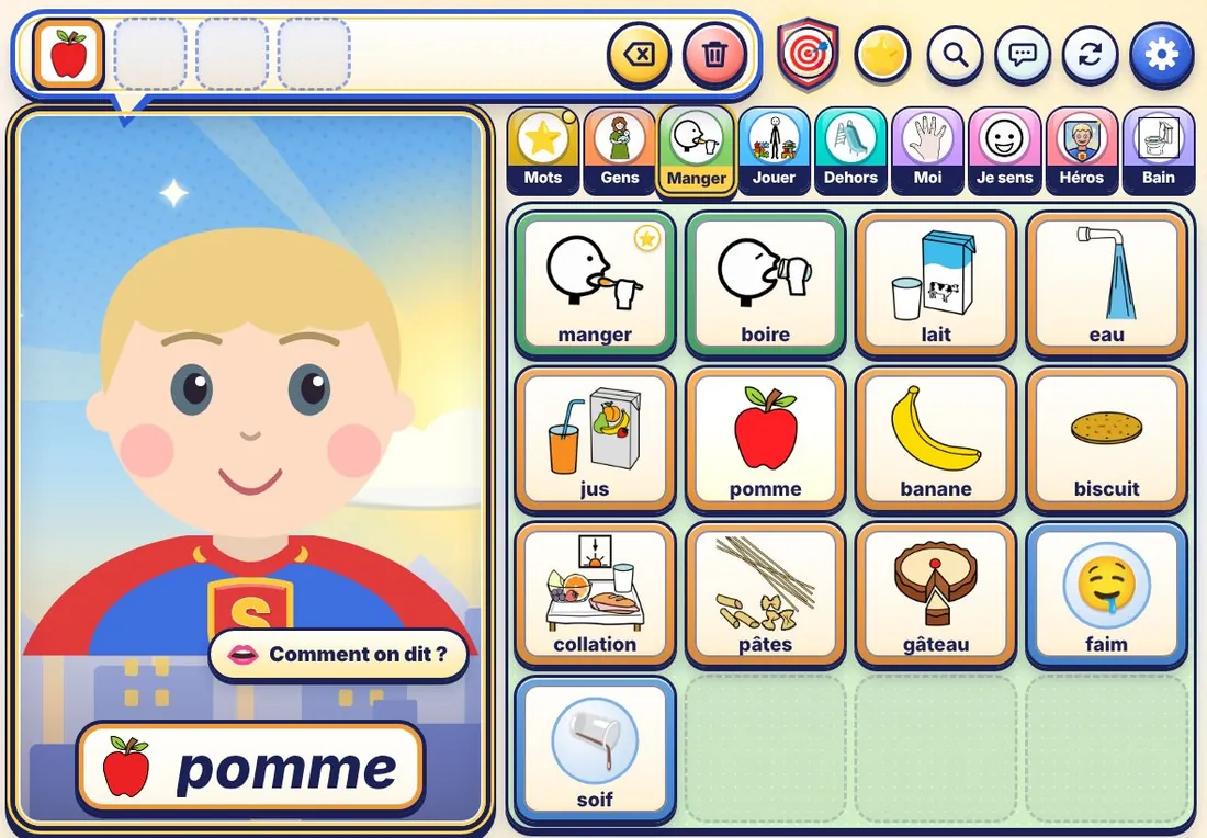 Écran de l'application sur un iPad : en haut, la phrase « je veux pomme » en images ; à gauche, l'avatar dessiné en super-héros ; à droite, la grille d'images de la section Manger.