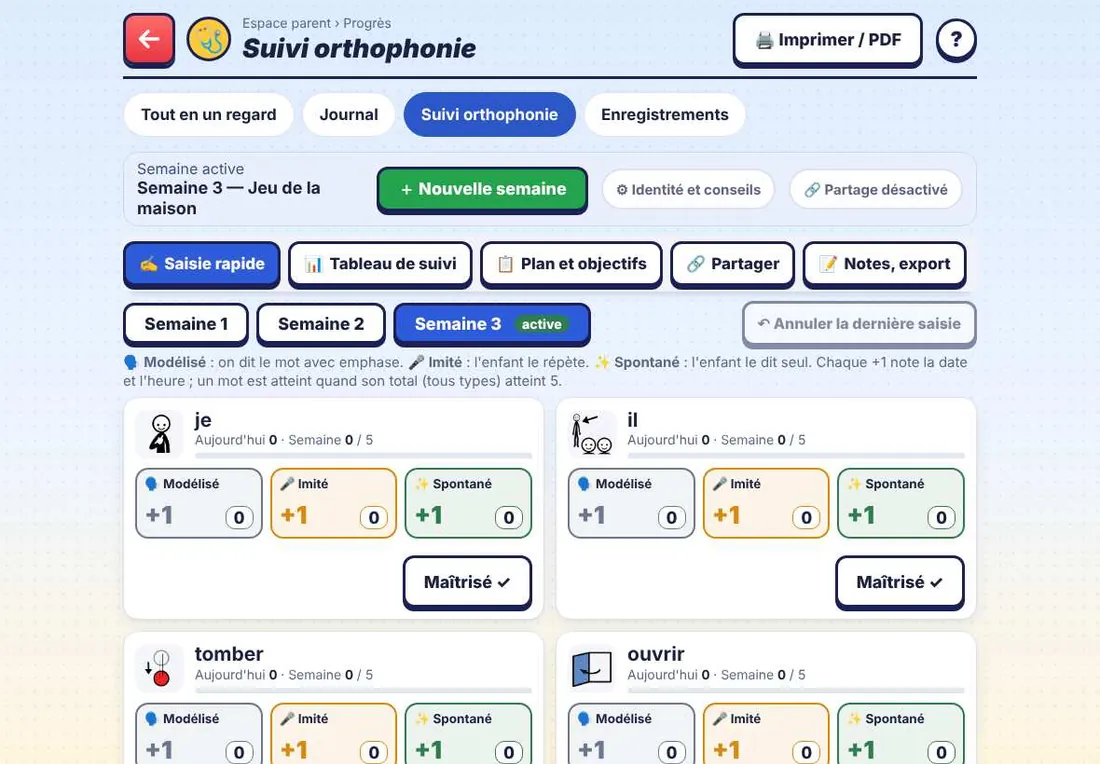 Écran de suivi d'orthophonie : saisie rapide par mot, avec trois boutons « modélisé », « imité » et « spontané » pour chaque mot de la semaine.